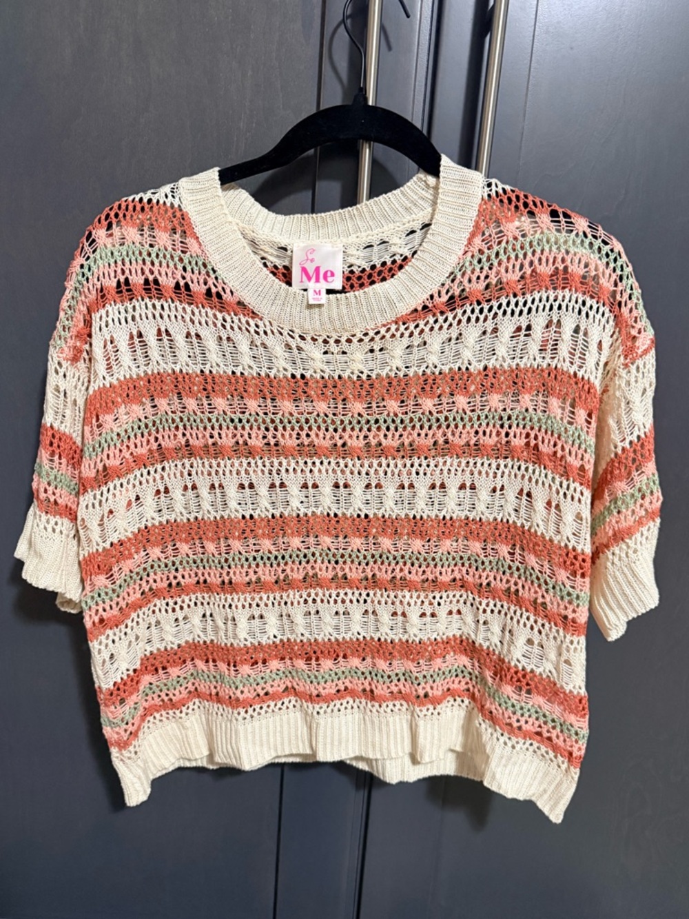Open Knit Short Sleeve Sweater - Cream & Coral Stripe